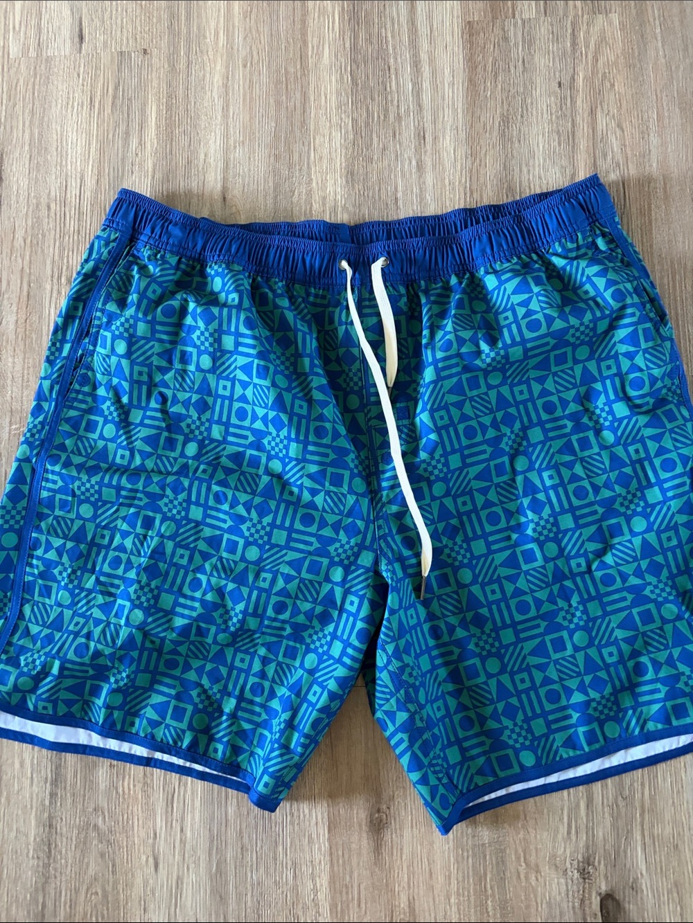 Fair Harbor Teal and Blue Geometric Swim Trunks
